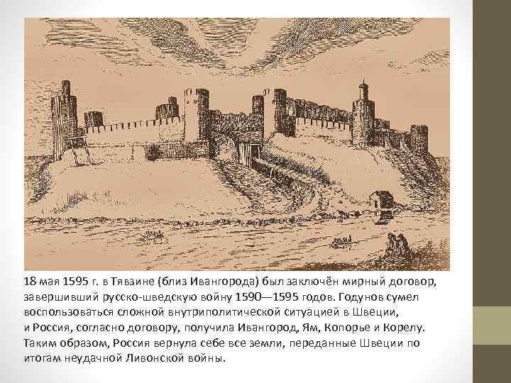 18 мая 1595 г. в Тявзине (близ Ивангорода) был заключён мирный договор, завершивший русско-шведскую