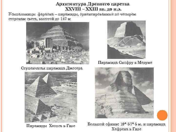 Архитектура Древнего царства XXVIII – XXIII вв. до н. э. Усыпальницы фараона – пирамиды,
