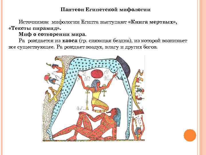 Пантеон Египетской мифологии Источником мифологии Египта выступают «Книга мертвых» , «Тексты пирамид» . Миф