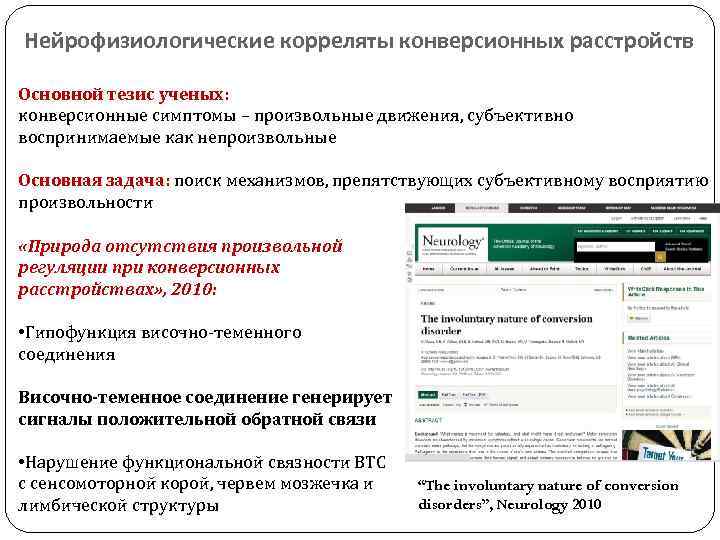 Нейрофизиологические корреляты конверсионных расстройств Основной тезис ученых: конверсионные симптомы – произвольные движения, субъективно воспринимаемые