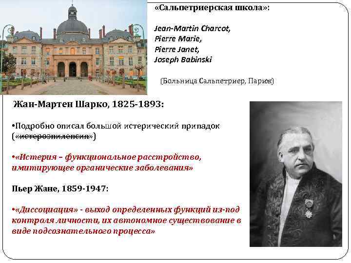  «Сальпетриерская школа» : Jean-Martin Charcot, Pierre Marie, Pierre Janet, Joseph Babinski (Больница Сальпетриер,