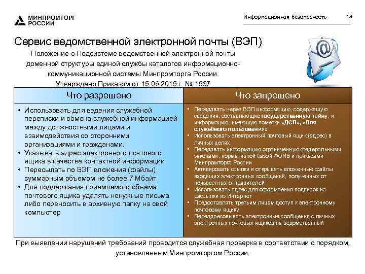 Информационная безопасность 13 Сервис ведомственной электронной почты (ВЭП) Положение о Подсистеме ведомственной электронной почты