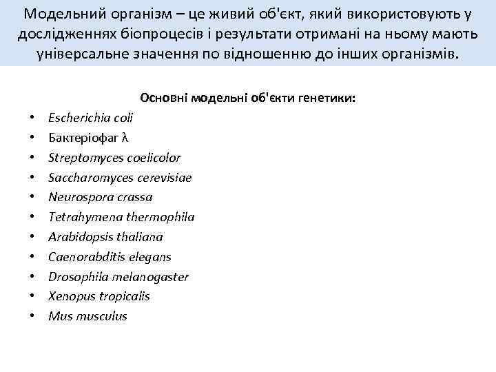 Модельний організм – це живий об'єкт, який використовують у дослідженнях біопроцесів і результати отримані
