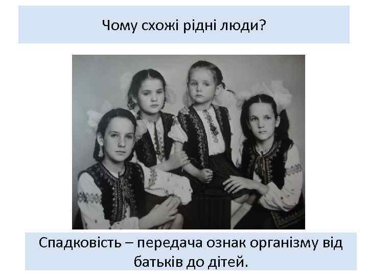 Чому схожі рідні люди? Спадковість – передача ознак організму від батьків до дітей. 