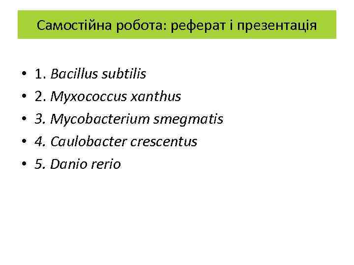 Самостійна робота: реферат і презентація • • • 1. Bacillus subtilis 2. Myxococcus xanthus