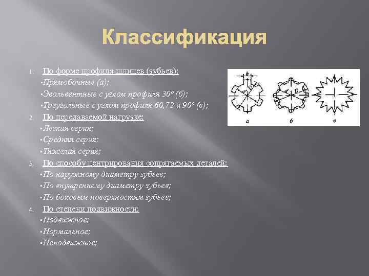 Классификация 1. 2. 3. 4. По форме профиля шлицев (зубьев): • Прямобочные (а); •