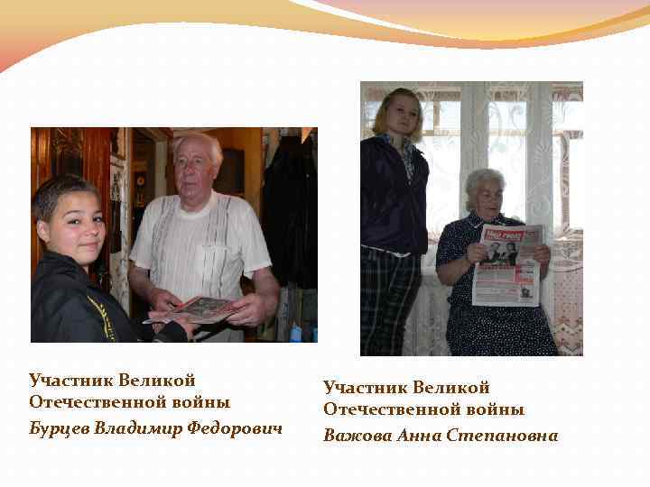 Участник Великой Отечественной войны Бурцев Владимир Федорович Участник Великой Отечественной войны Важова Анна Степановна