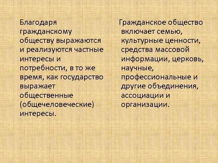 Благодаря гражданскому обществу выражаются и реализуются частные интересы и потребности, в то же время,