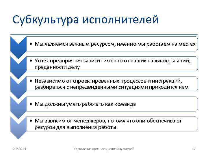 Субкультура исполнителей • Мы являемся важным ресурсом, именно мы работаем на местах • Успех