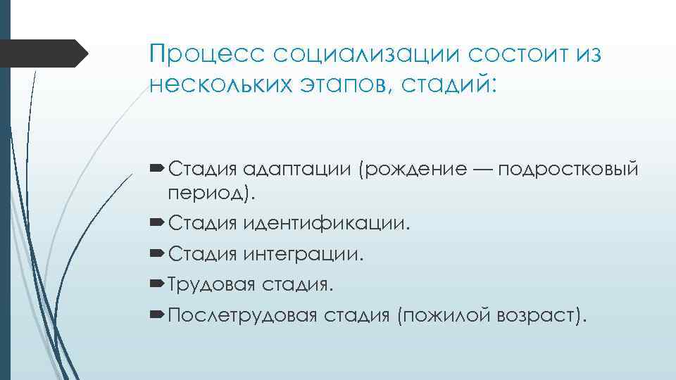 Процесс социализации состоит из нескольких этапов, стадий: Стадия адаптации (рождение — подростковый период). Стадия