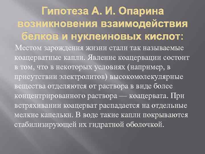 Гипотеза А. И. Опарина возникновения взаимодействия белков и нуклеиновых кислот: Местом зарождения жизни стали