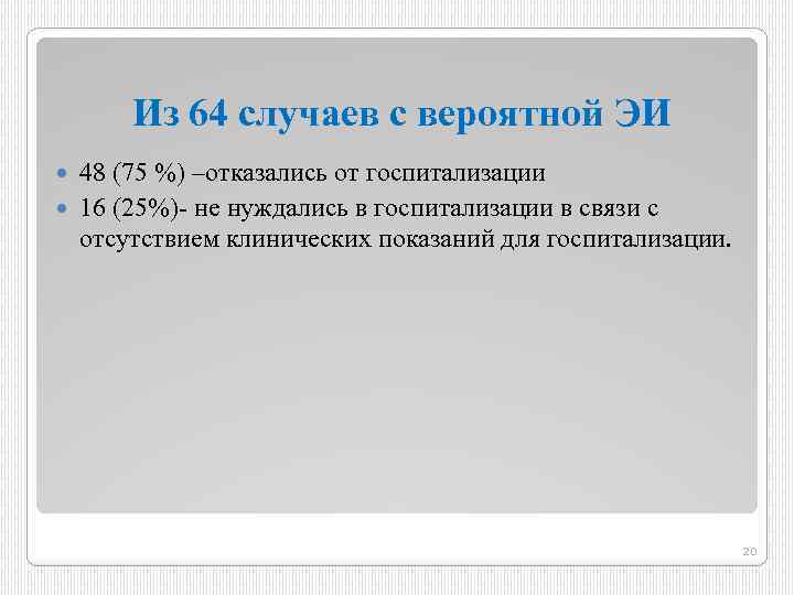 Из 64 случаев с вероятной ЭИ 48 (75 %) –отказались от госпитализации 16 (25%)-