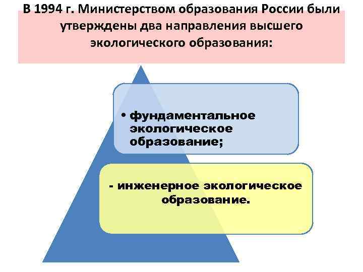 В 1994 г. Министерством образования России были утверждены два направления высшего экологического образования: •