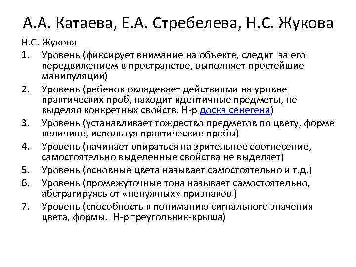 А. А. Катаева, Е. А. Стребелева, Н. С. Жукова 1. Уровень (фиксирует внимание на