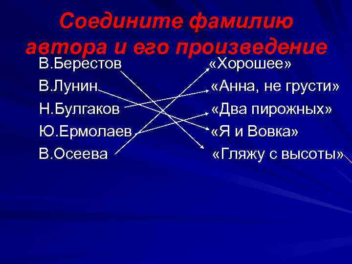 Соедините фамилию автора и его произведение В. Берестов В. Лунин Н. Булгаков Ю. Ермолаев