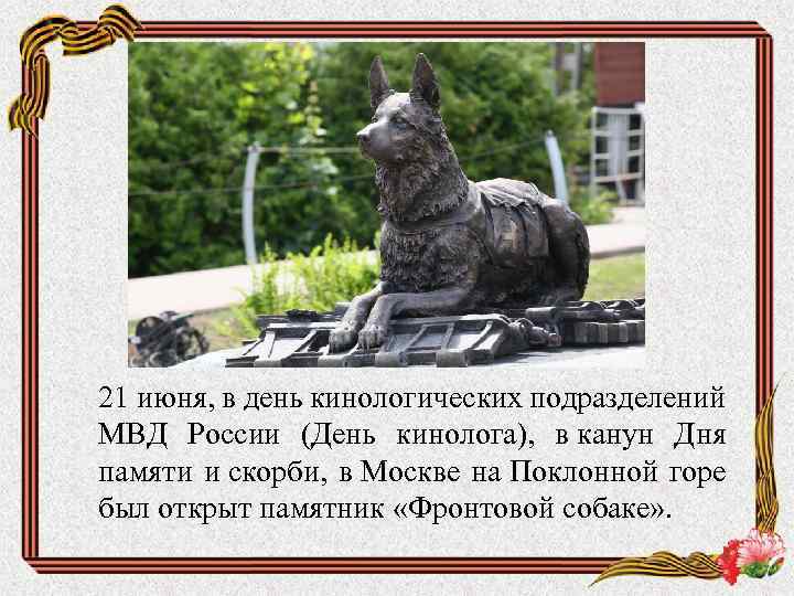 21 июня, в день кинологических подразделений МВД России (День кинолога), в канун Дня памяти