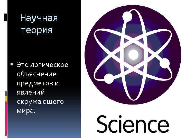 Научная теория Это логическое объяснение предметов и явлений окружающего мира. 