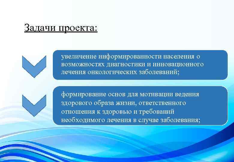 Задачи проекта: увеличение информированности населения о возможностях диагностики и инновационного лечения онкологических заболеваний; формирование