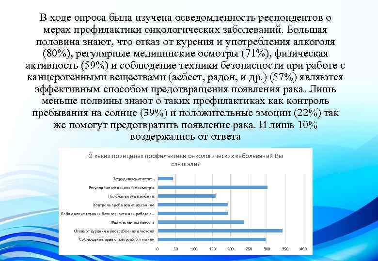 В ходе опроса была изучена осведомленность респондентов о мерах профилактики онкологических заболеваний. Большая половина