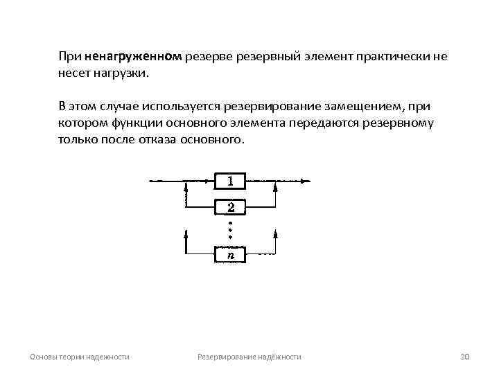 При ненагруженном резерве резервный элемент практически не несет нагрузки. В этом случае используется резервирование