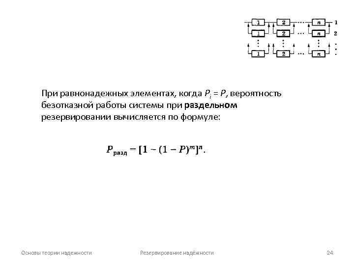 При равнонадежных элементах, когда Pi = Р, вероятность безотказной работы системы при раздельном резервировании