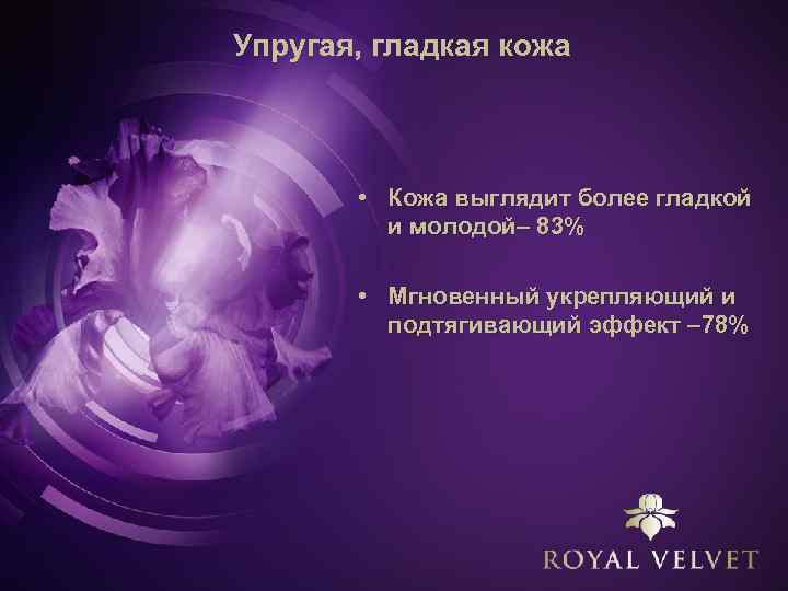 Упругая, гладкая кожа • Кожа выглядит более гладкой и молодой– 83% • Мгновенный укрепляющий