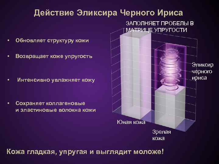 Действие Эликсира Черного Ириса ЗАПОЛНЯЕТ ПРОБЕЛЫ В МАТРИЦЕ УПРУГОСТИ • Обновляет структуру кожи •