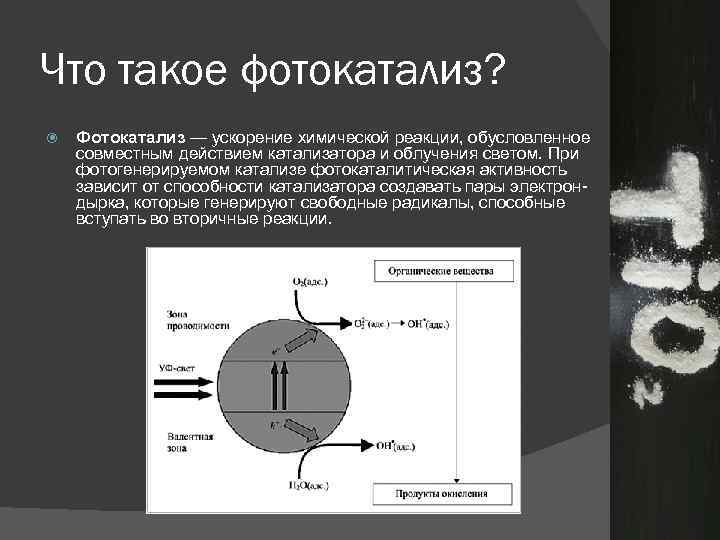 Что такое фотокатализ? Фотокатализ — ускорение химической реакции, обусловленное совместным действием катализатора и облучения