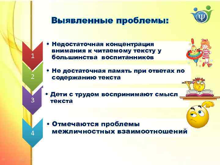 Выявленные проблемы: 1 • Недостаточная концентрация внимания к читаемому тексту у большинства воспитанников 2