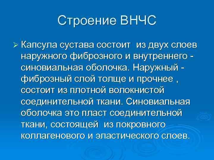 Строение ВНЧС Ø Капсула сустава состоит из двух слоев наружного фиброзного и внутреннего синовиальная