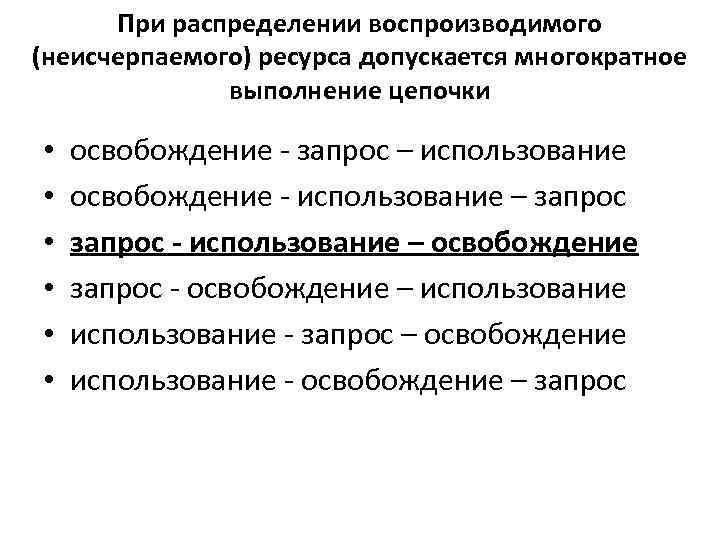 При распределении воспроизводимого (неисчерпаемого) ресурса допускается многократное выполнение цепочки • • • освобождение -