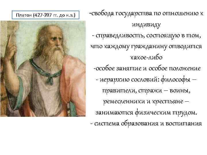 Платон (427 -397 гг. до н. э. ) -свобода государства по отношению к индивиду