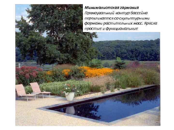Минималистская гармония Прямоугольный контур бассейна перекликается со скульптурными формами растительных масс. Кресла простые и