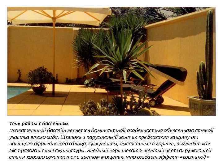 Тень рядом с бассейном Плавательный бассейн является доминантной особенностью обнесенного стеной участка этого сада.