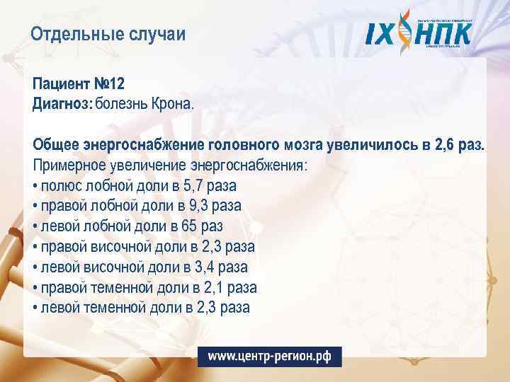 Отдельные случаи Пациент № 12 Диагноз: болезнь Крона. Общее энергоснабжение головного мозга увеличилось в