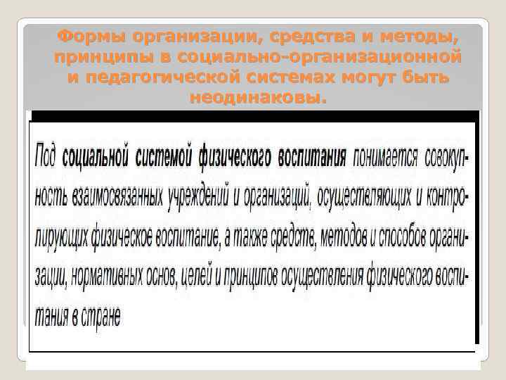 Формы организации, средства и методы, принципы в социально-организационной и педагогической системах могут быть неодинаковы.