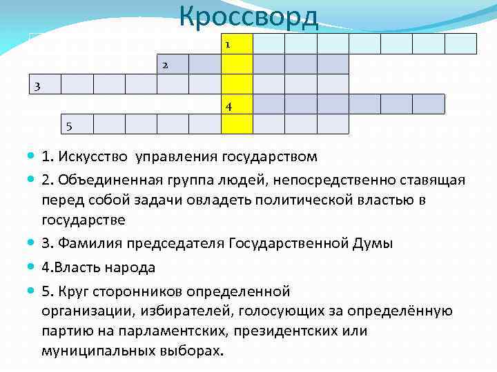 Кроссворд 1 2 3 4 5 1. Искусство управления государством 2. Объединенная группа людей,