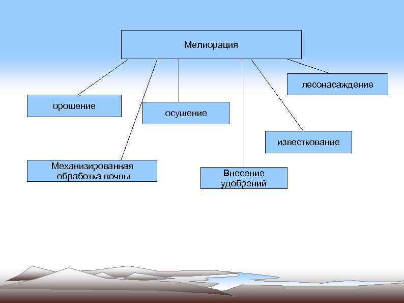 Мелиорация лесонасаждение орошение осушение известкование Механизированная обработка почвы Внесение удобрений 