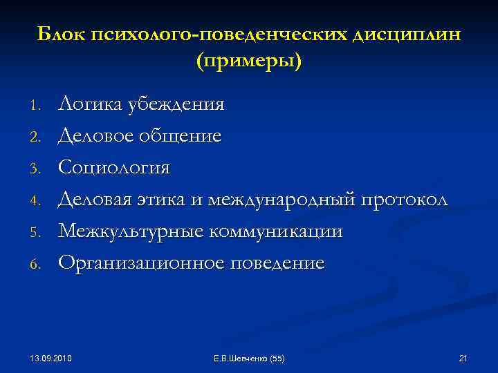 Блок психолого-поведенческих дисциплин (примеры) 1. 2. 3. 4. 5. 6. Логика убеждения Деловое общение