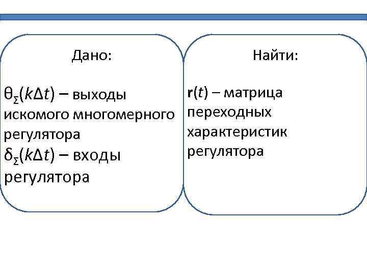 Дано: θΣ(kΔt) – выходы Найти: r(t) – матрица искомого многомерного переходных характеристик регулятора δΣ(kΔt)