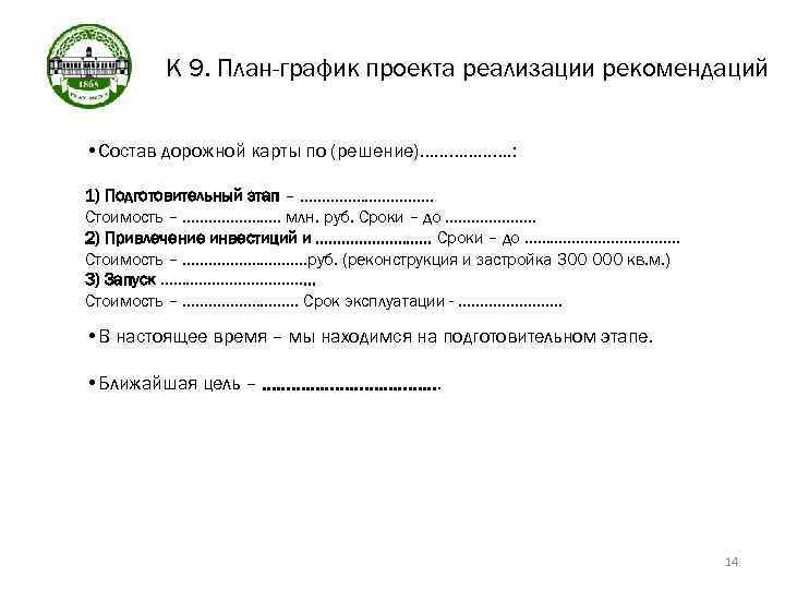 К 9. План-график проекта реализации рекомендаций • Состав дорожной карты по (решение)………………. : 1)