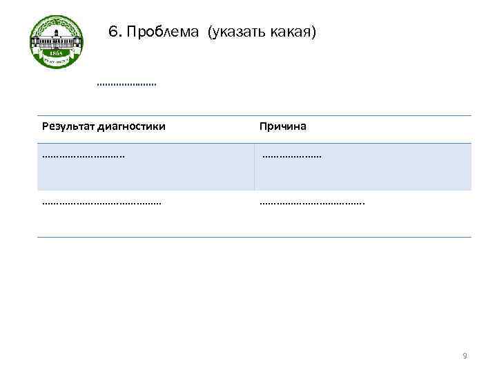 6. Проблема (указать какая) …………………. Результат диагностики Причина ……………. . ……………………………………. 9 