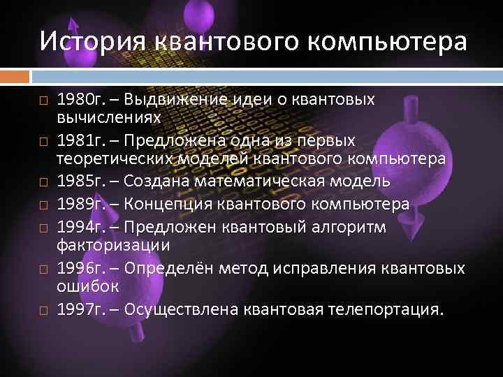 История квантового компьютера 1980 г. – Выдвижение идеи о квантовых вычислениях 1981 г. –
