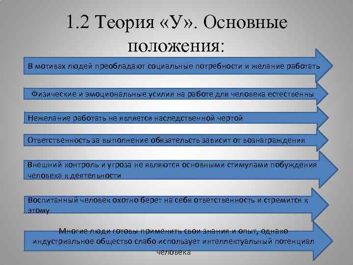 1. 2 Теория «У» . Основные положения: В мотивах людей преобладают социальные потребности и