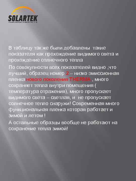 В таблицу так же были добавлены такие показателя как прохождение видимого света и прохождение