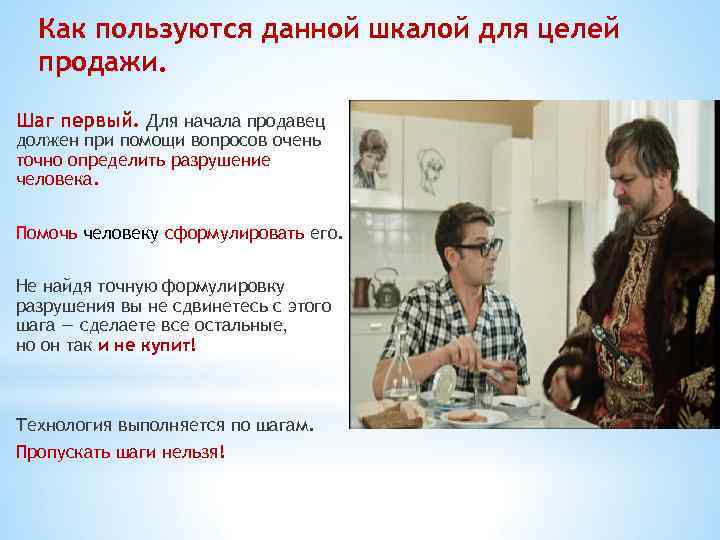 Как пользуются данной шкалой для целей продажи. Шаг первый. Для начала продавец должен при