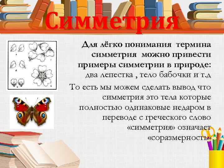 Симметрия Для лёгко понимания термина симметрия можно привести примеры симметрии в природе: два лепестка