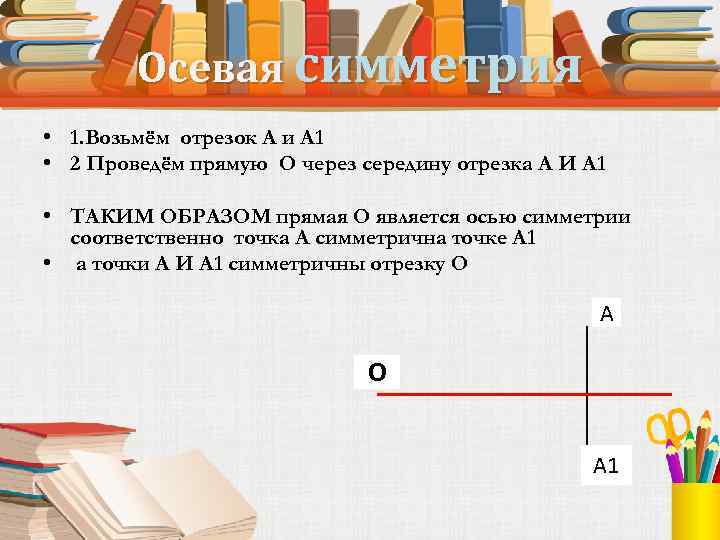 Осевая симметрия • 1. Возьмём отрезок А и А 1 • 2 Проведём прямую