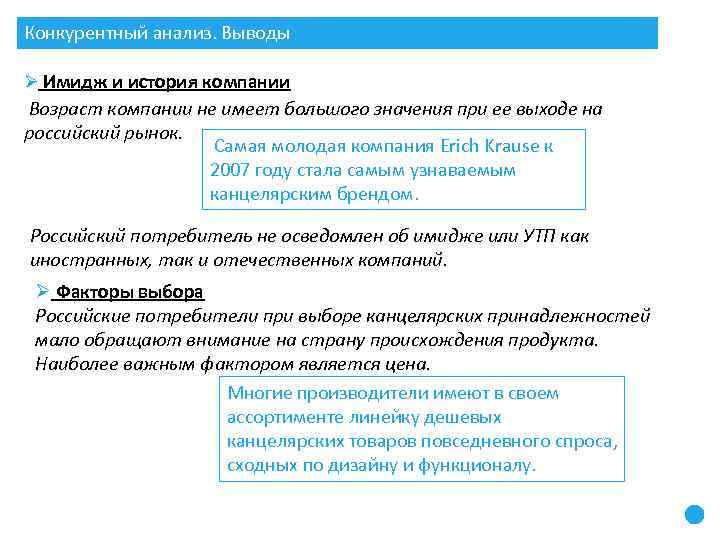 Конкурентный анализ. Выводы Ø Имидж и история компании Возраст компании не имеет большого значения