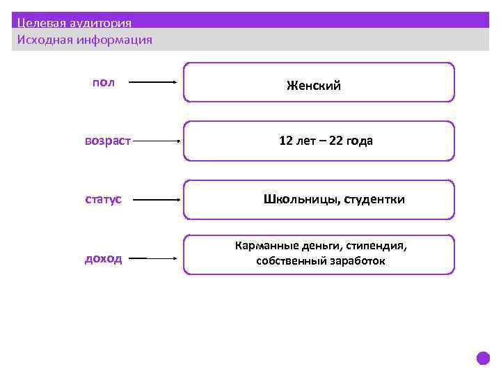 Целевая аудитория Исходная информация пол возраст Женский 12 лет – 22 года статус Школьницы,